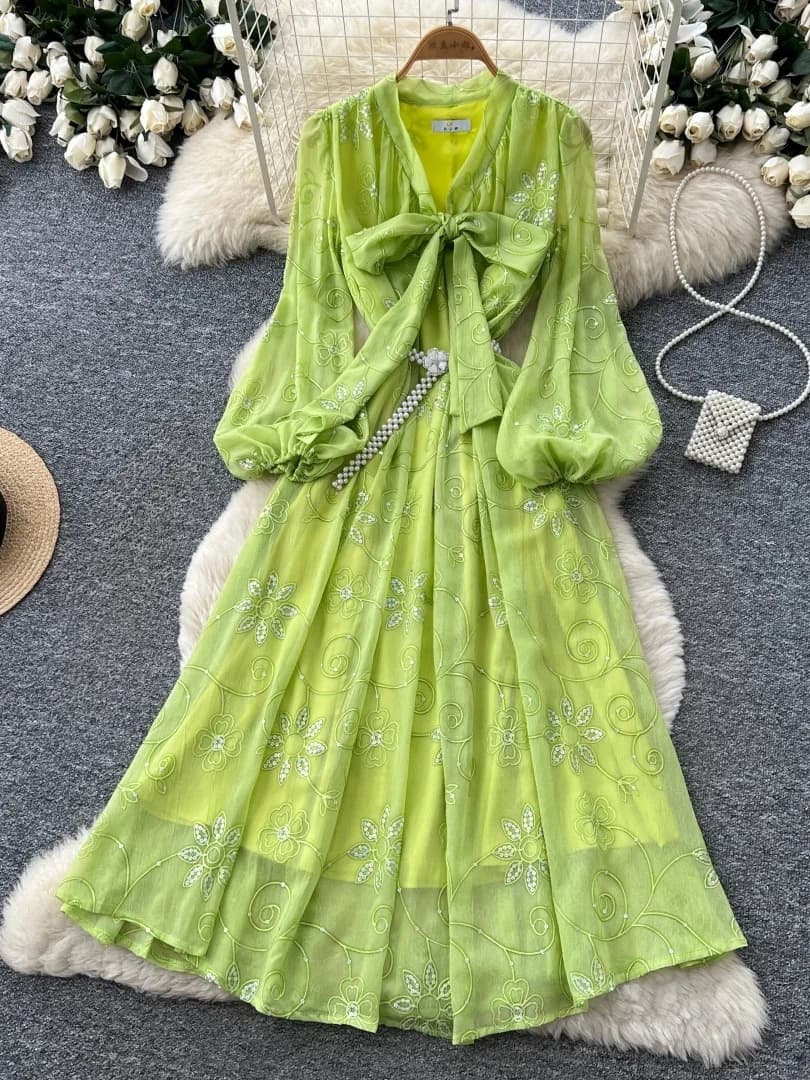 Summer Women's Long Sleeve V-neck Dress Embroidered Glitter Belted Waist A-line Skirt Gentle Wind Knot Dress