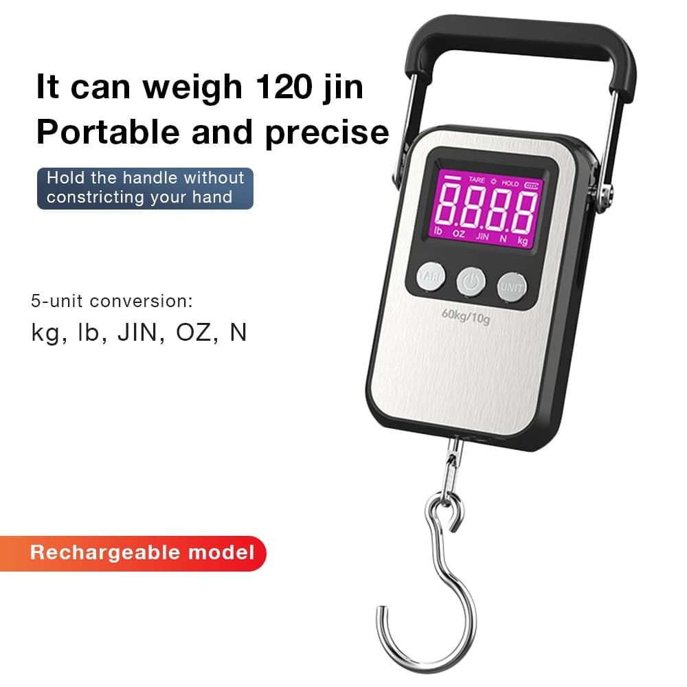 60Kg/10g Bilancia sospesa portatile LCD digitale ricaricabile Mini bilancia elettronica con gancio Bilancia per bagagli da viaggio da pesca
