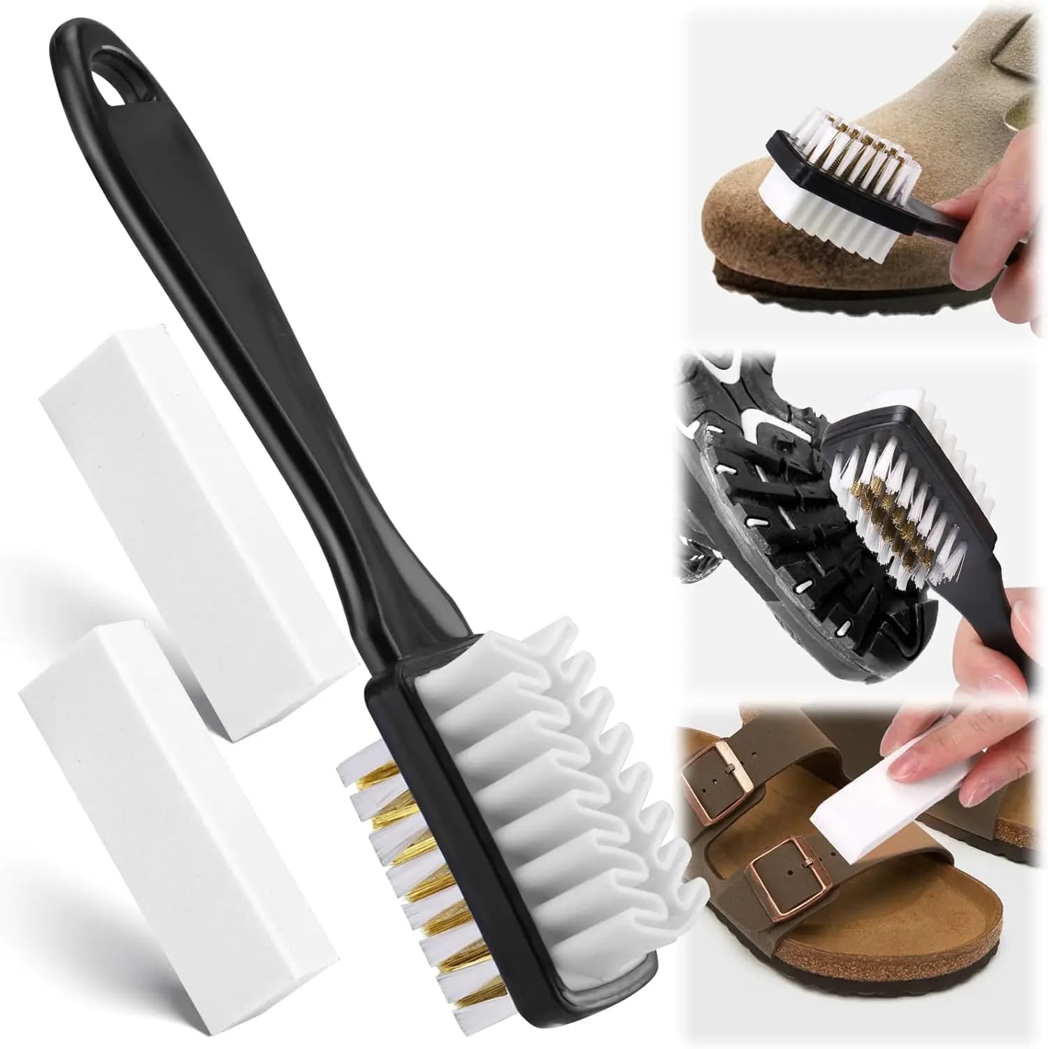 Kit di Pulizia per Scarpe in Pelle Scamosciata e Nabuk, Set di Cura a 3 Pezzi con Spazzola 2-in-1 e Gomma per Sandali, Zoccoli, Suole in Pelle