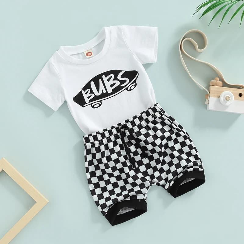 Set coordinato per neonato, elegante maglietta a maniche corte con divertente stampa grafica, comodi pantaloncini scozzesi con coulisse regolabile