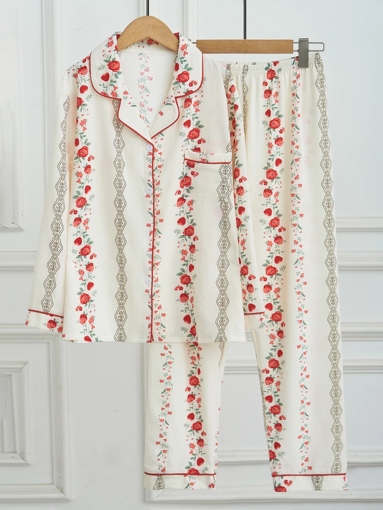 Women Red Rose Floral Print Pajamas Set Long Sleeve Button Down Shirt & Long Pants 2 Pieces Casual Soft Loungewear Sleepwear