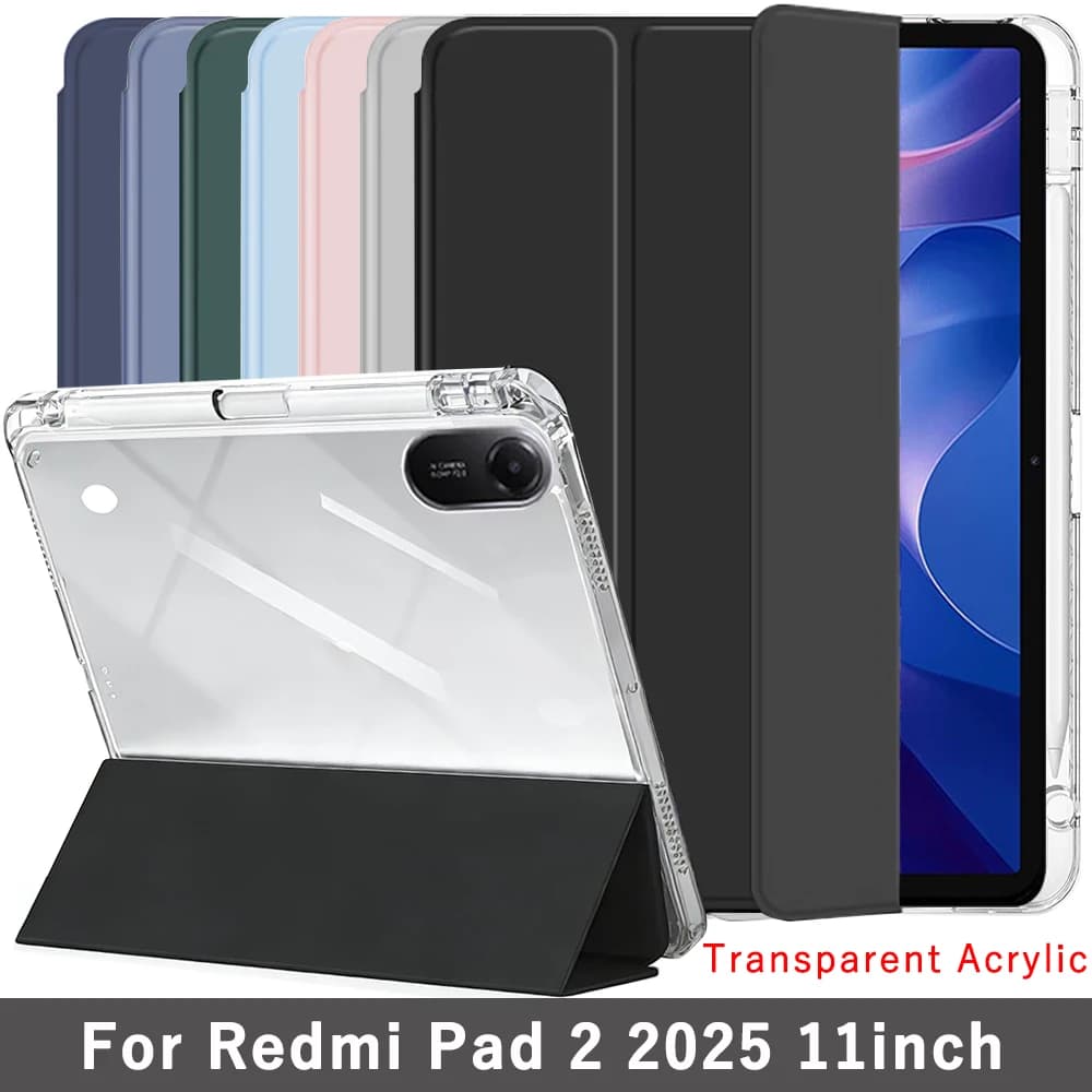Custodia trasparente in cristallo con slot per penna per Xiaomi Redmi Pad 2 2025 da 11 pollici, con supporto magnetico a tre ante