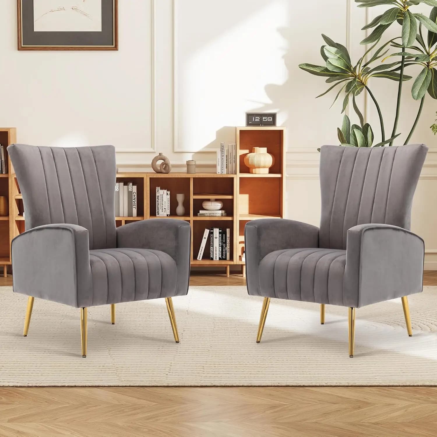 Set di 2 Poltrone Imbottite in Velluto con Schienale Alto, Gambe in Metallo Moderne, Arredamento per Soggiorno, Personalizzabile