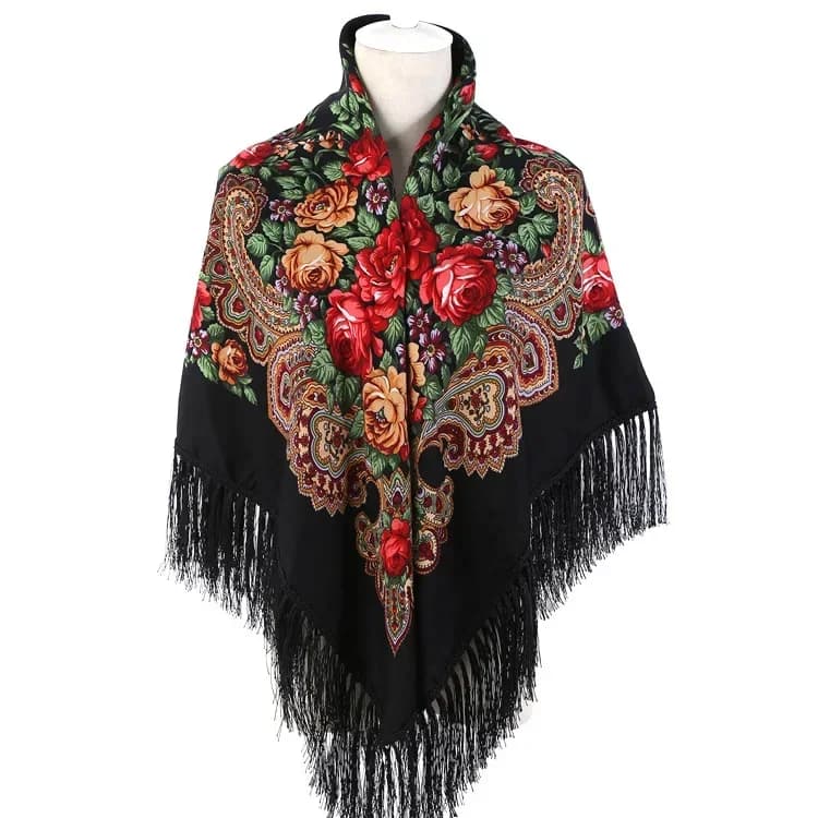 Russian Mantle Large Printed Flower Scarf Generous Women's Slide Autumn Winter Scarf Multifunction Poncho Mantelles Black P1
