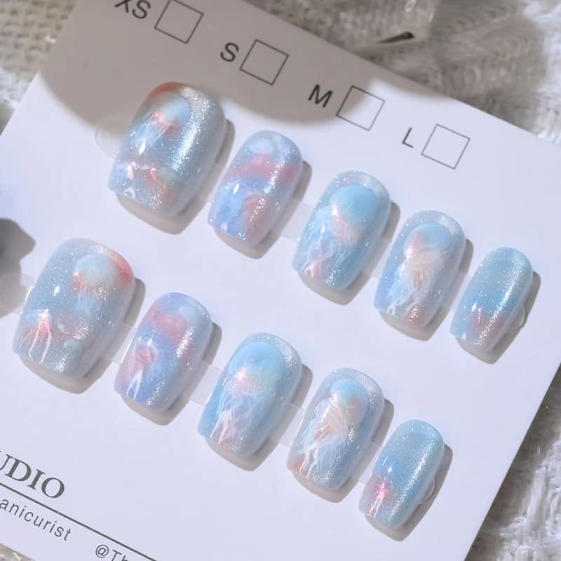 10 pz Donne Ragazze Dreamy Coda di Pesce Medusa Nuovo Fatto A Mano Occhio di Gatto Presse sulle Unghie Staccabile Adolescente Indossabile Unghie Artistiche Unghie Finte