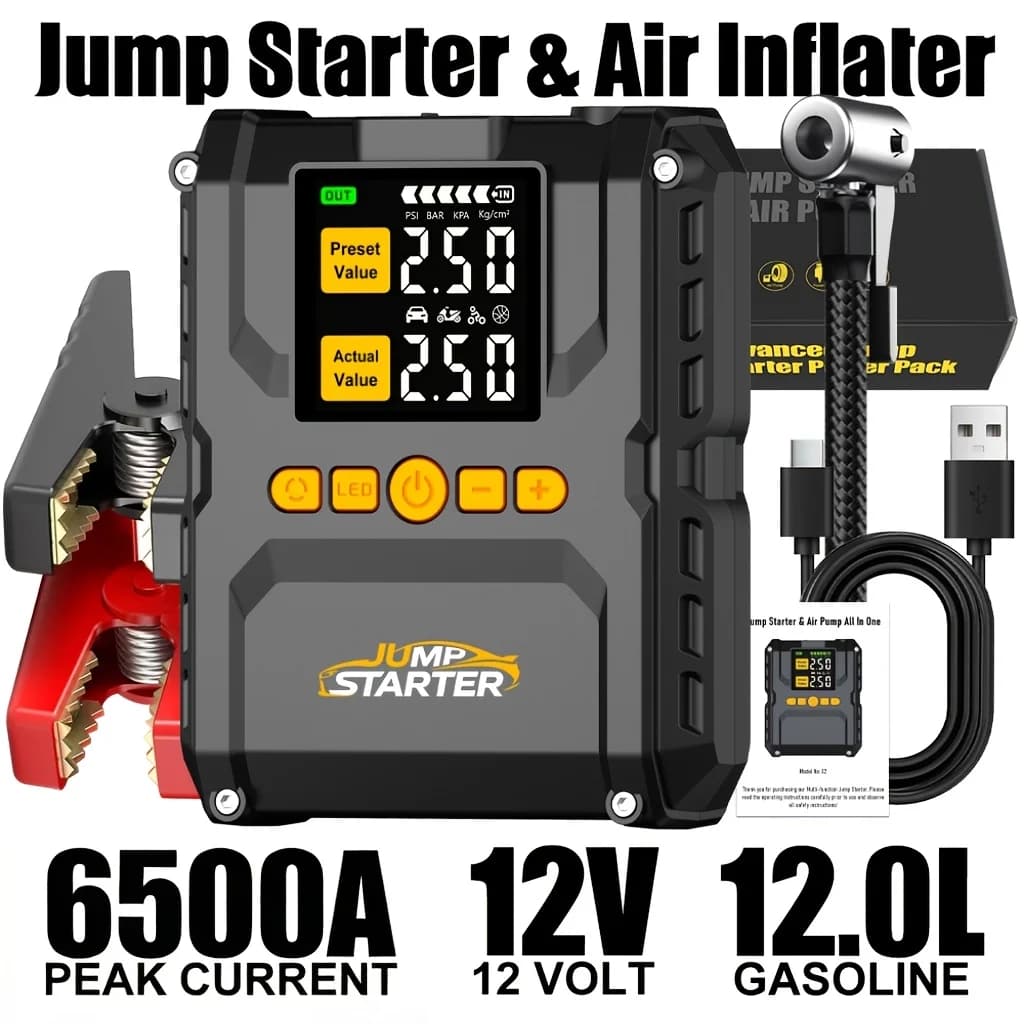 Avviatore d'emergenza rapido 6500A con gonfiatore pneumatici integrato da 150 PSI, power bank portatile per auto, torcia di emergenza a LED, protezione di sicurezza intelligente, ricarica USB QC 3.0, compressore d'aria integrato, booster batteria per motori a benzina da 3,17 galloni e diesel da 2,11 galloni