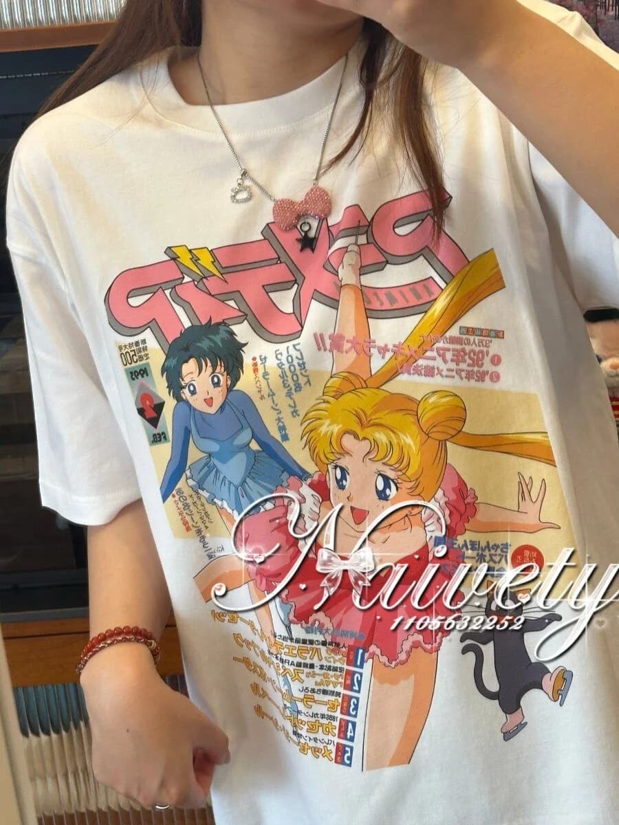 T-shirt Grafica Retrò Sailor Moon Estate 2026 Calda, in Cotone, Casual, a Maniche Corte, per Uomo e Donna, Streetwear, Moda, Top Hip Hop per Coppie