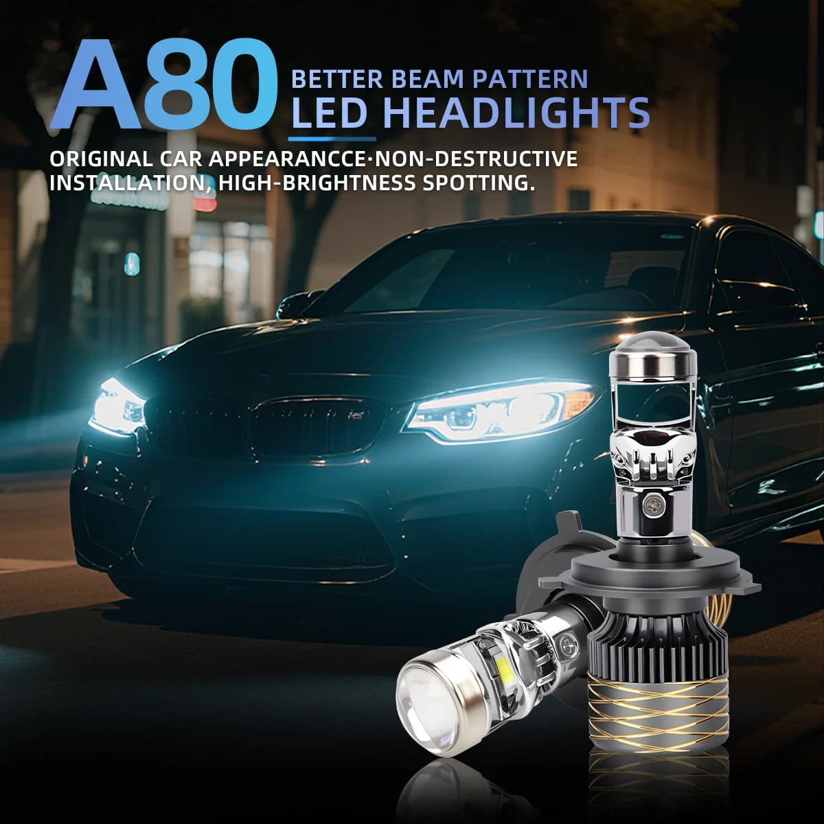Set 2 pz. Fari a LED H4 H11 con lente proiettore A80, lampadina auto 6000K 30W Canbus Turbo ad alta potenza, mini faro fendinebbia per auto/moto