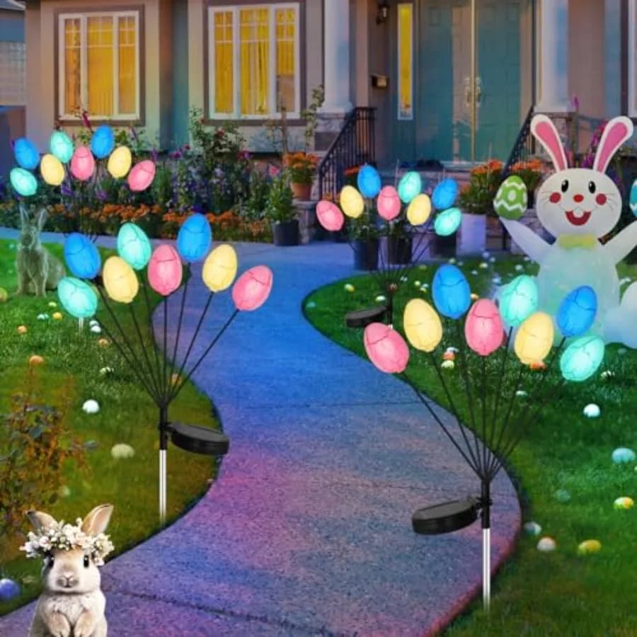 Set di 4 Luci Solari a Forma di Uovo di Pasqua, Luci da Giardino Colorate Oscillanti, Luci Pasquali da Esterno Impermeabili con Picchetto Solare