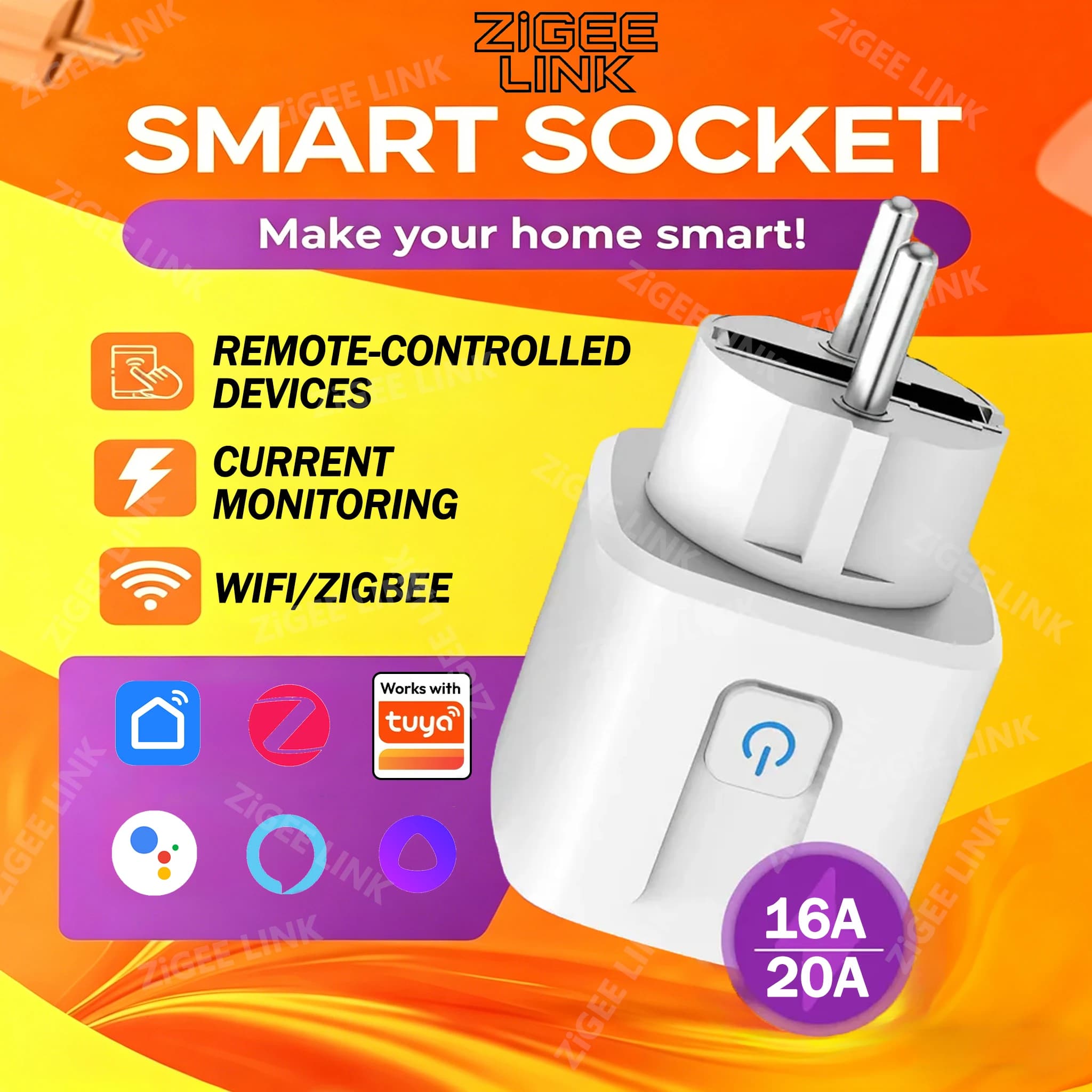 Presa Intelligente EU WIFI o Zigbee 16A/20A con Monitoraggio Consumi, Controllo Vocale e Temporizzazione, Compatibile con Tuya, Alexa, Google Home, Alice