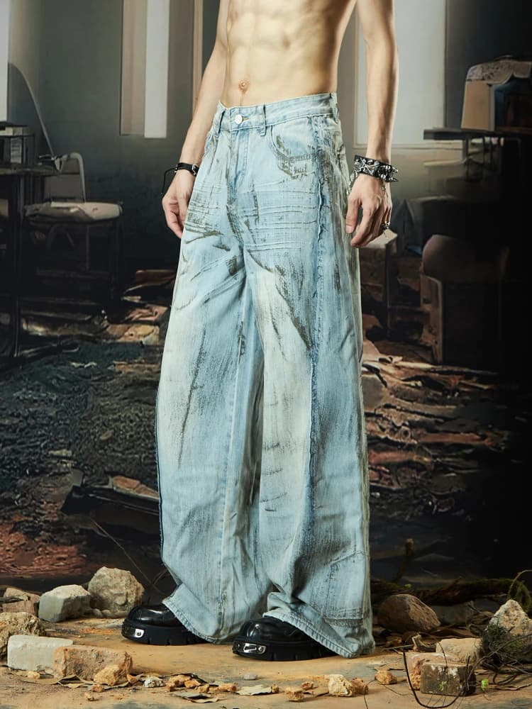 Design di interesse speciale Graffiti tinti sporchi Sfregamento a mano Colore Decostruzione Cuciture Sciolti Dritti Rifiuti Stile terreno Jeans Estate