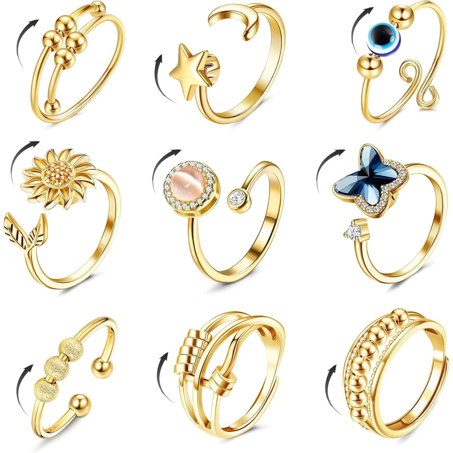 Bobisty 9 pezzi Fidget Anelli di ansia per donna Uomo Spinner Alleviare lo stress Aperto regolabile CZ Fiore Luna Stella Anelli Regalo