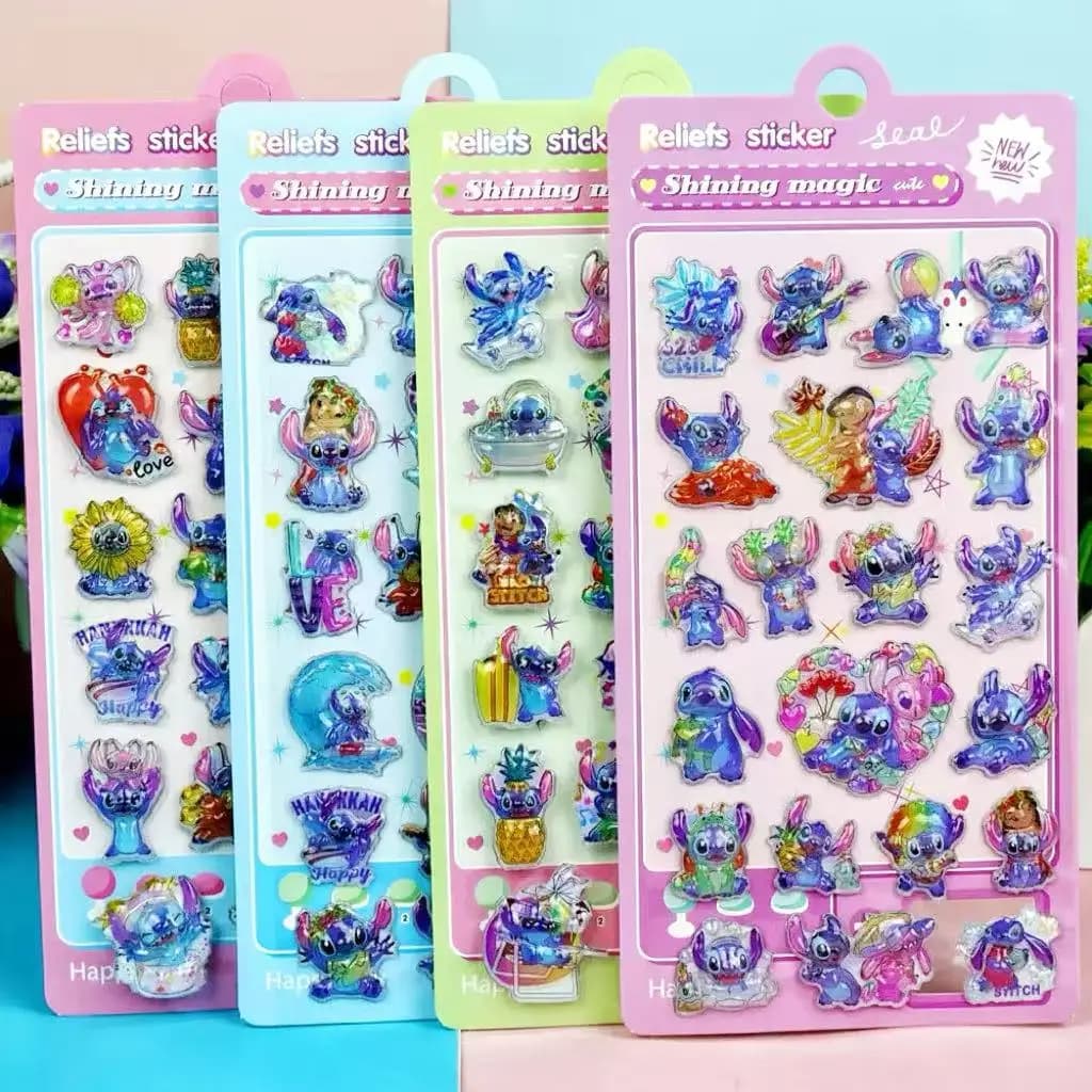 Nuovo adesivo decorativo a goccia d'acqua con Stitch kawaii in rilievo laser 3D, adesivo decorativo a cartoni animati, articoli di cancelleria per ufficio, fai da te