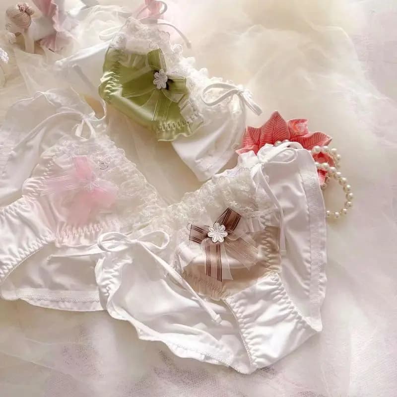 Women Milk Silk Lace Cute Lovely Sweety Frenulum Bandage Panties Princess Style Low Waist Breathable Soft Underwear Bow Breifs