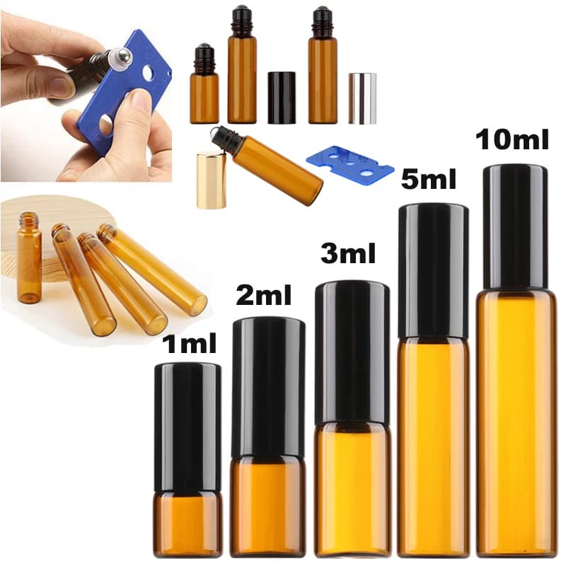 5 Pz 1/2/3/5/10 ml Bottiglie Vuote a Rullo di Olio Essenziale di Vetro Ambrato Mini Roll-on Fiale Contenitore di Campione Per Aromaterapia Profumo