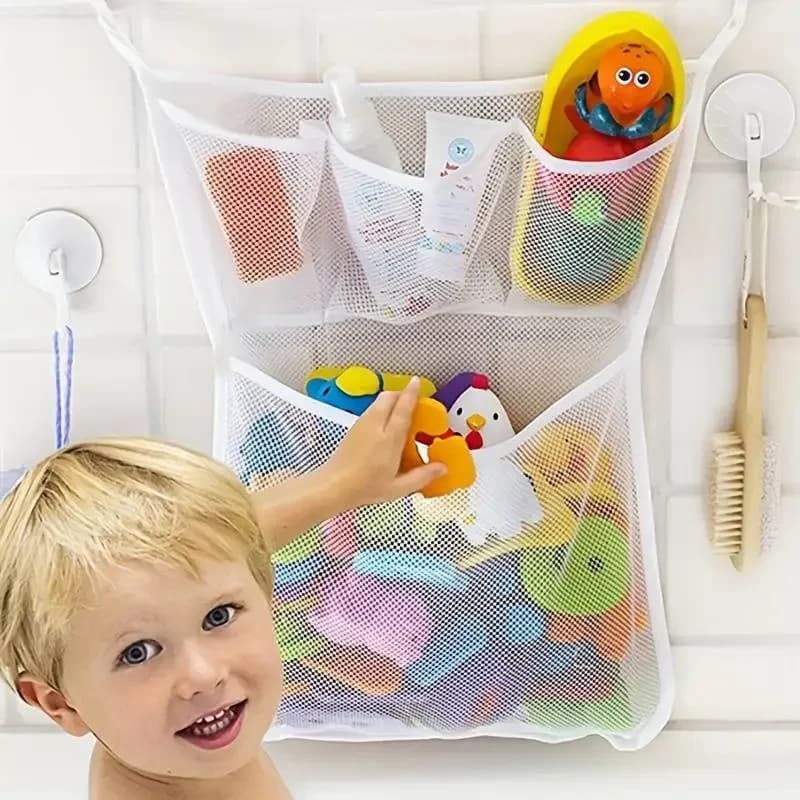 Organizzatore Domestico per Bambini, Borsa a Rete Bianca con Ventosa per Giocattoli da Bagno, Cesto Portaoggetti per Vasca, Borsa Appendibile per Bambole