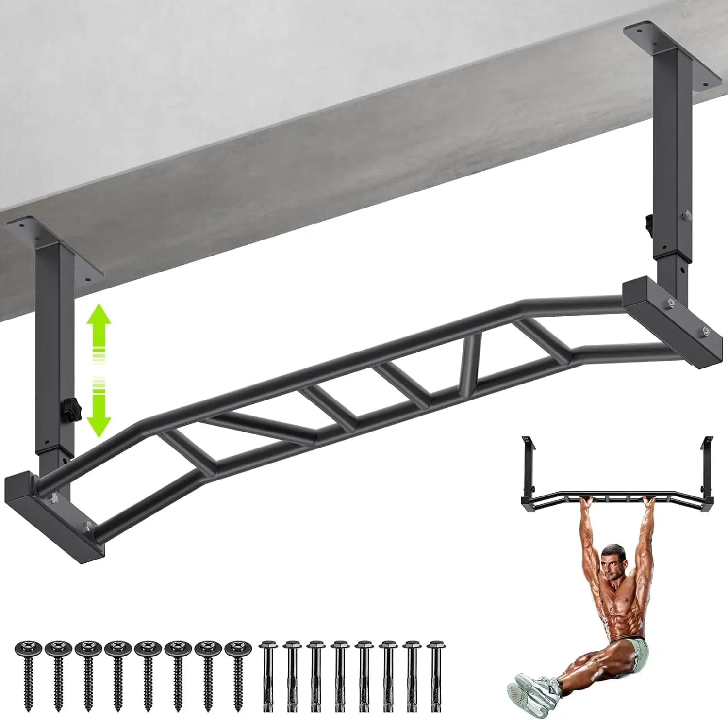 Barra per trazioni montata a soffitto da 48", barra per trazioni multi-impugnatura per carichi pesanti, barra per trazioni montata, regolabile, dimensioni base: 8,3"x2"-Multi-grip