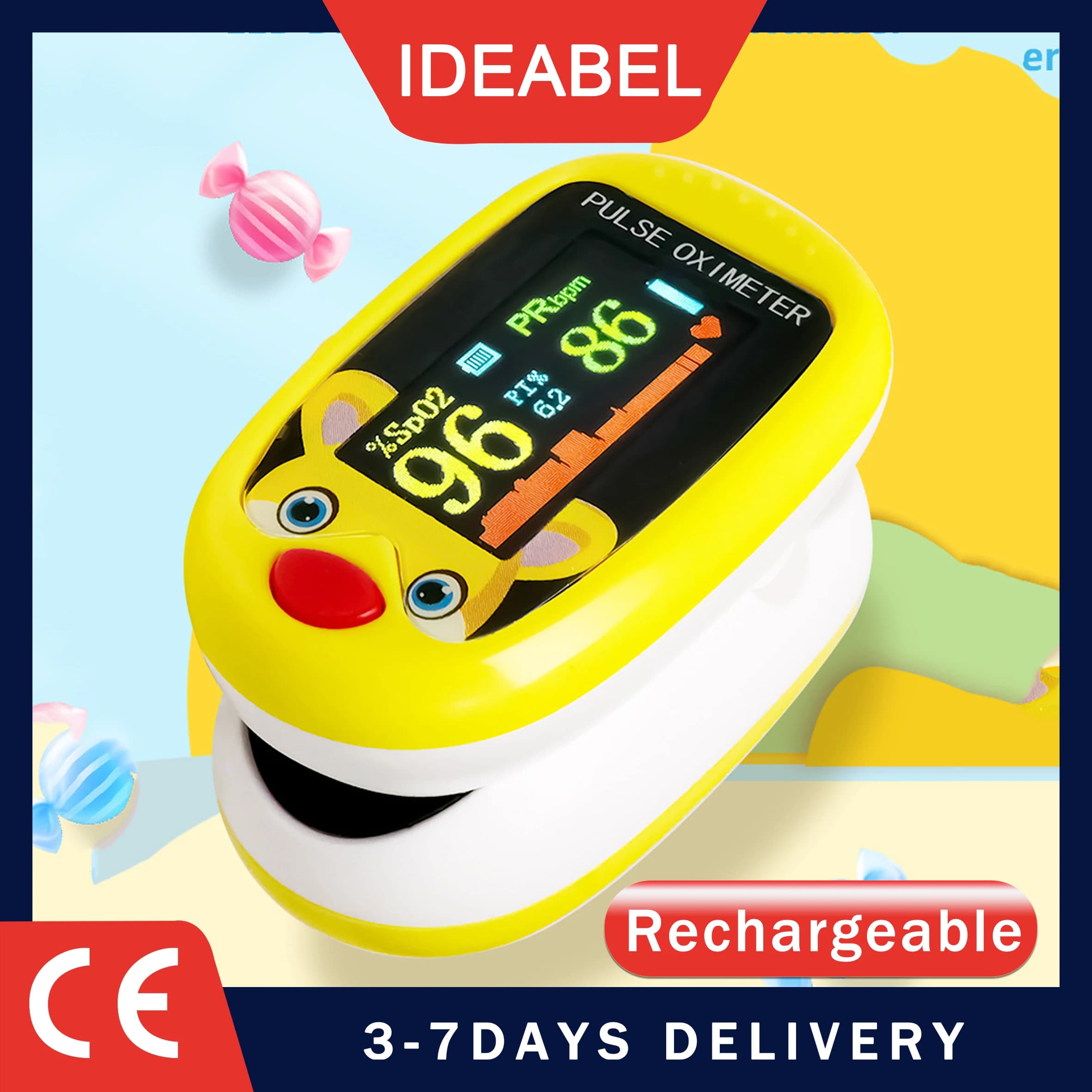 IDEABEL Medical Pulsossimeter Rechargeable by Children's finger, Oxygen Meter in Blood, Cardiaca Frequency Monitor, Pediatric Pulsossimeter