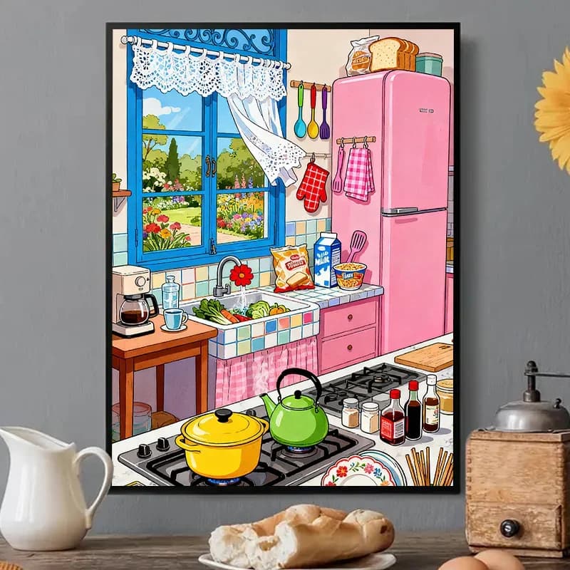 Full Square Round Diamond Painting Warm Pink Kitchen Window Garden Scenery Mosaic Home Decoration Painting Holiday Gift