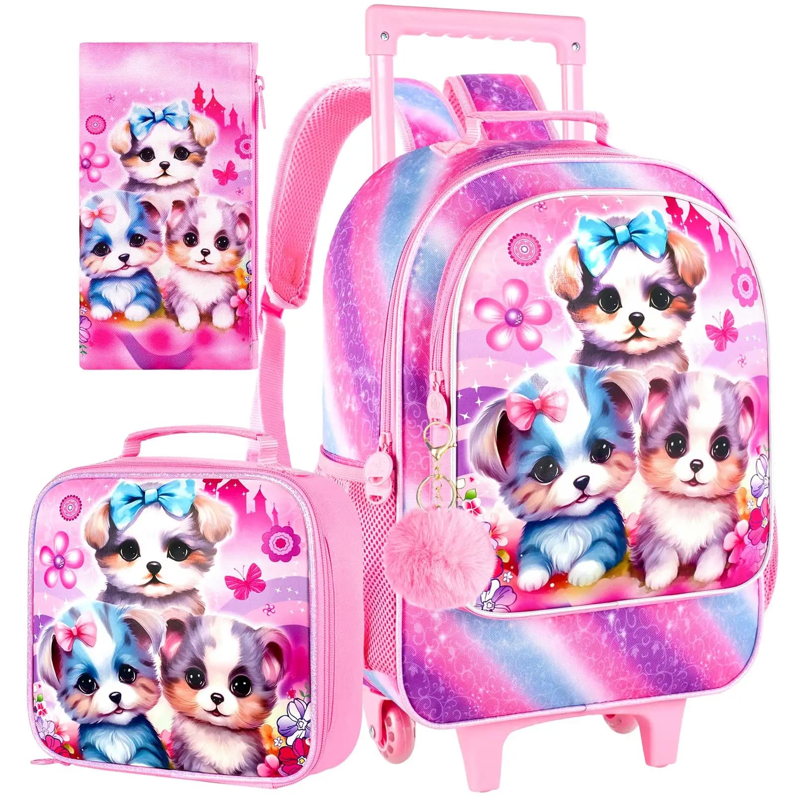 Zaino con Ruote per Ragazze, Carino Zaino Scolastico con Ruote a Forma di Cane - Borsa per Scuola Elementare con Ruote - Set 3 Pezzi Cane