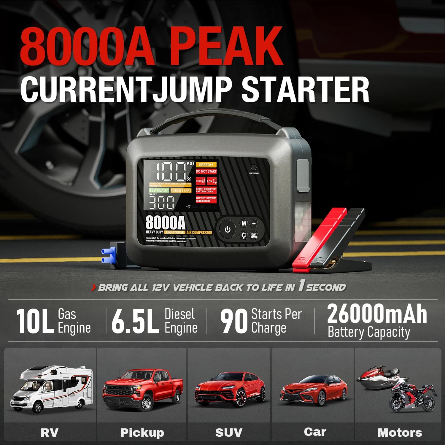 Avviatore di emergenza per auto professionale per impieghi gravosi 8000A con pompa d'aria Potente dispositivo di avviamento per avviamento per batteria per auto 12V