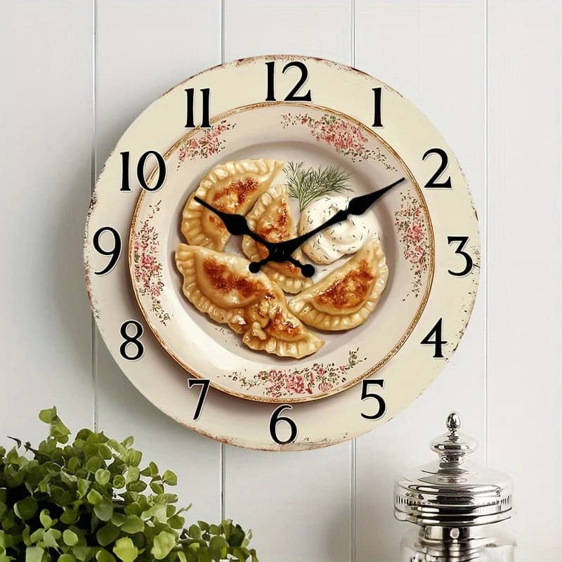 1 orologio da parete silenzioso che non ticchetta, con un design decorativo circolare a forma di pierogi con panna acida su un supporto decorativo