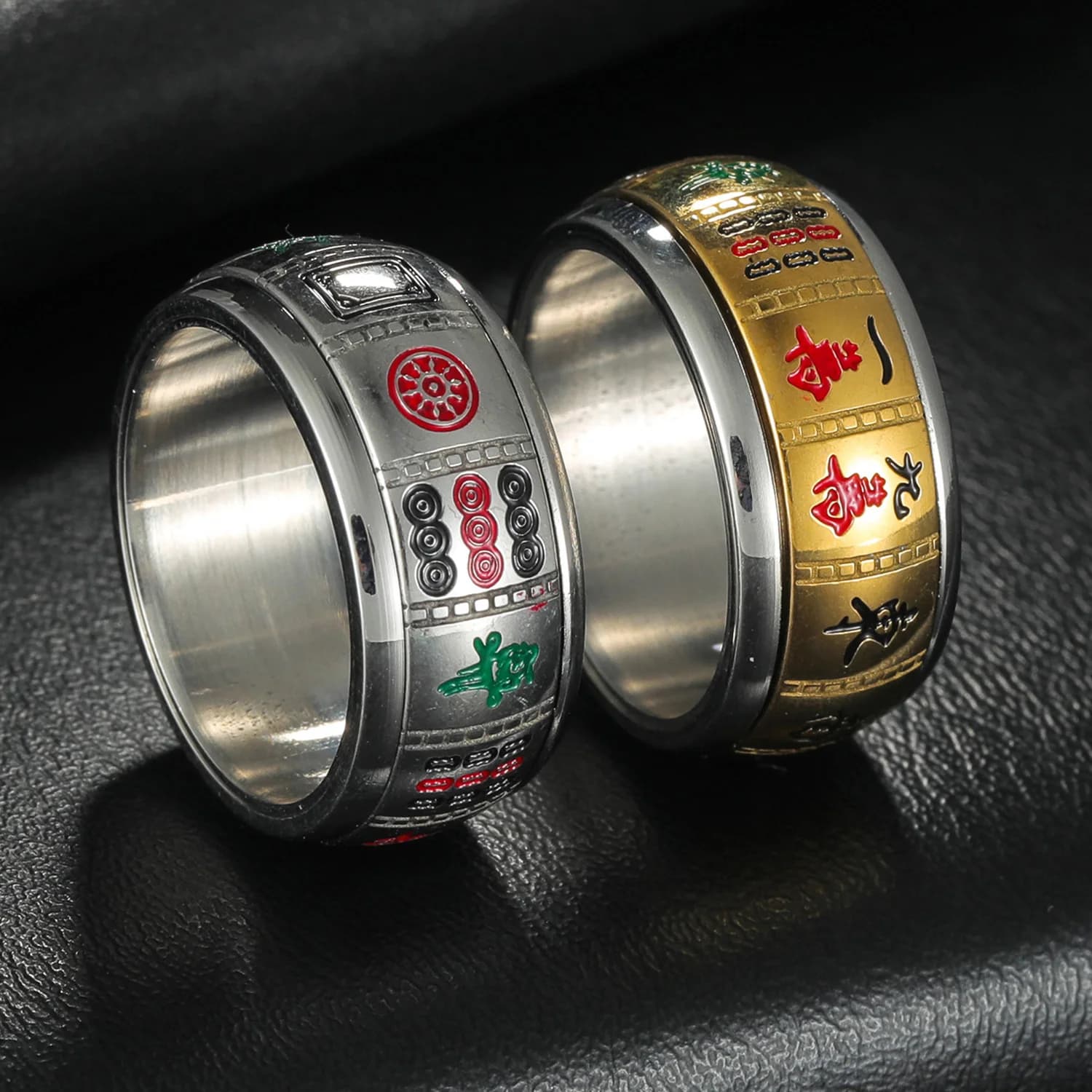 Anello Girevole Antistress Mahjong Cinese in Acciaio Inossidabile, Gioiello Portafortuna per Uomini e Donne