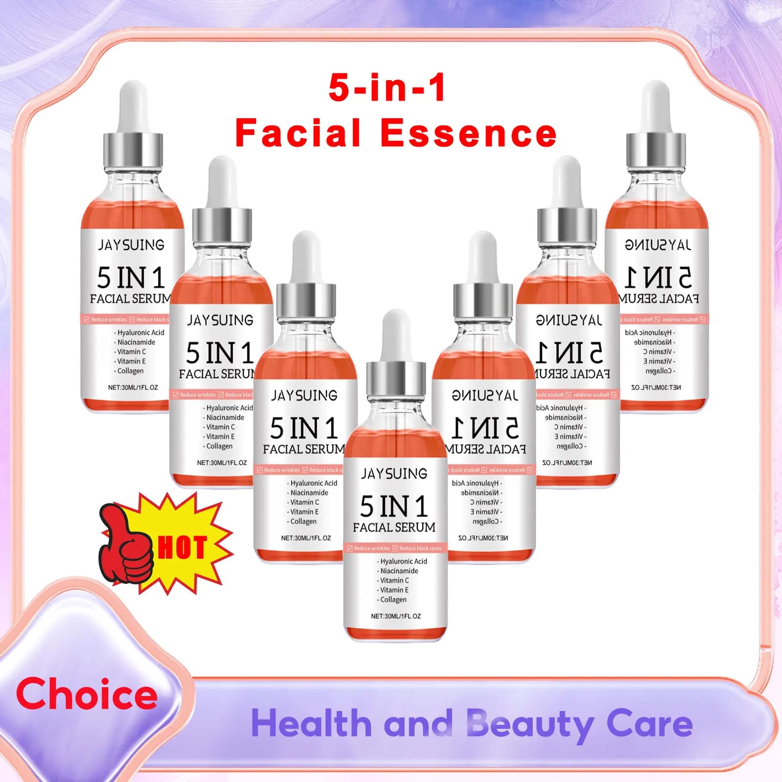 JAYSUING Siero viso 5 in 1 Acido ialuronico Vitamina C Ridurre i pori Idratante Schiarente Dissolvenza Linee sottili Rassodante Siero viso