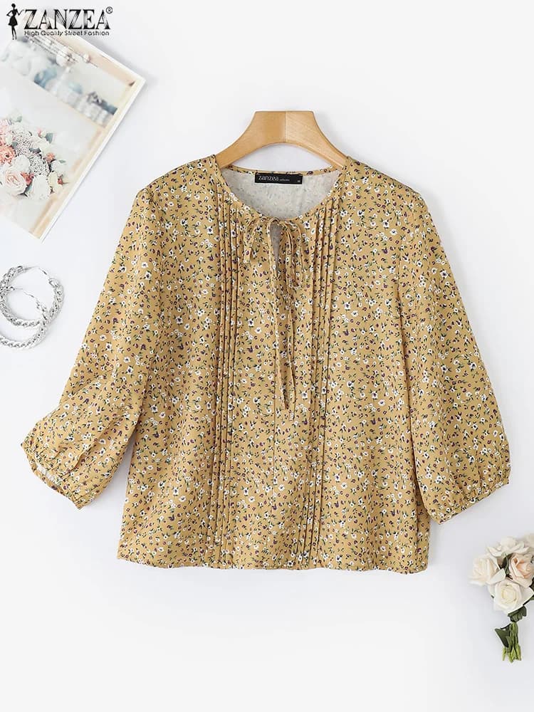 ZANZEA 2025 Camicie estive da donna Camicetta con stampa floreale bohemien Top Moda fasciatura pieghettata Casual Manica 3/4 Vintage Blusas Femme