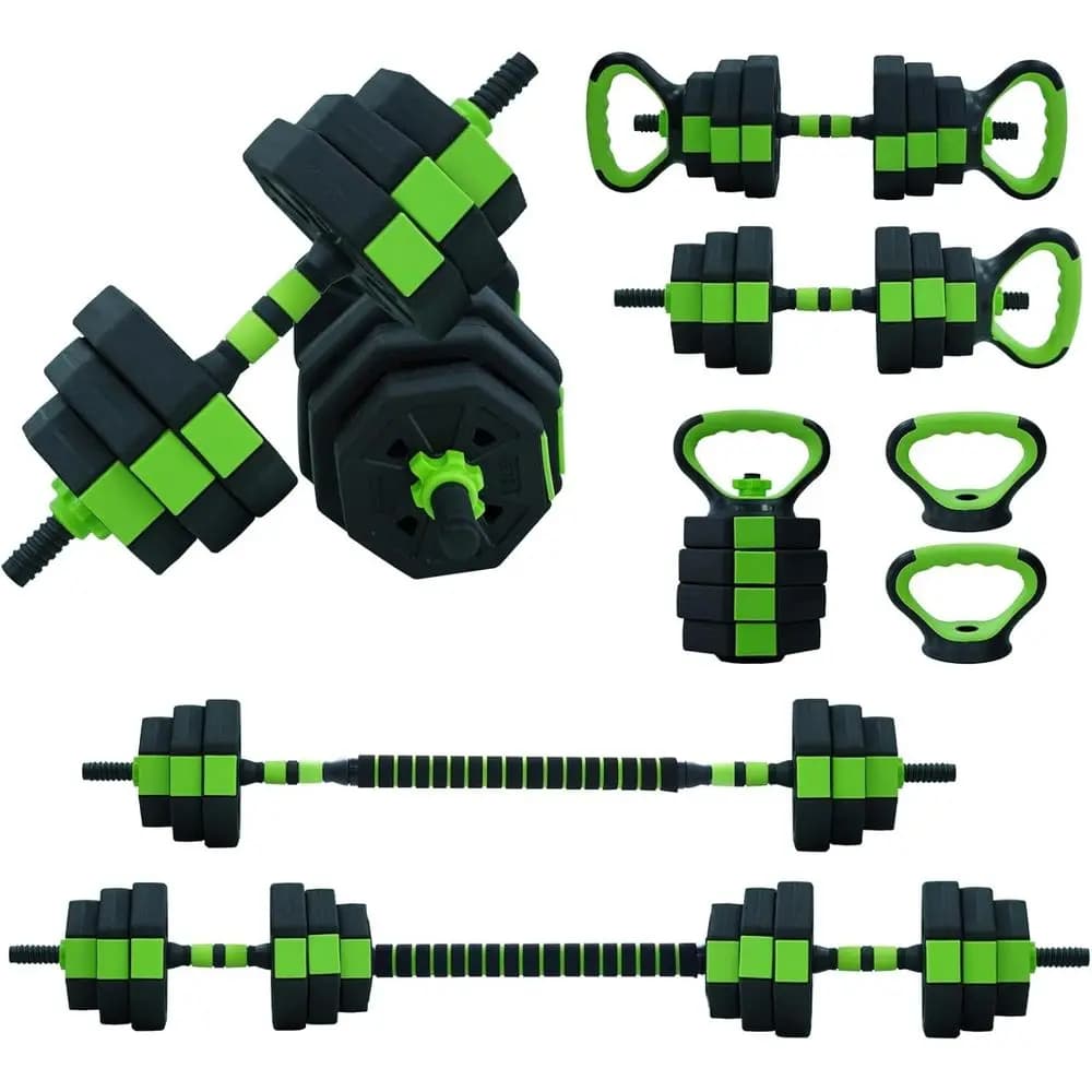 Set di manubri regolabili versatili da 30-88 libbre con barra, kettlebell e supporto per flessioni, verde e nero
