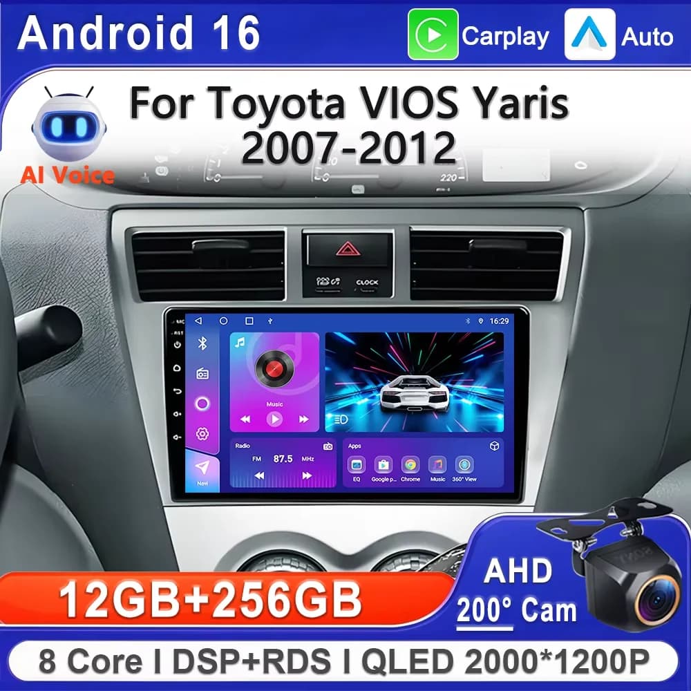 Android 16 Auto Per Toyota VIOS Yaris 2007-2012 Autoradio Lettore Video Multimediale di Navigazione GPS No 2Din 2 Din DVD Carplay Auto