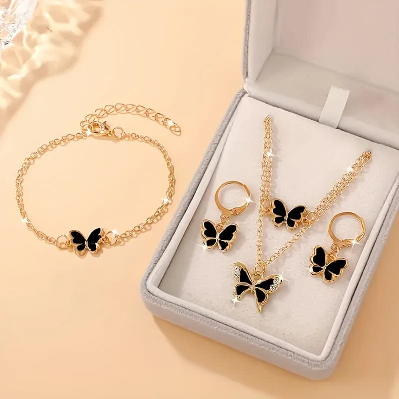 Set di Gioielli Stratificati con Farfalle Smaltate: Collana, Bracciale e Orecchini - Accessori Donna Minimalisti e Trendy