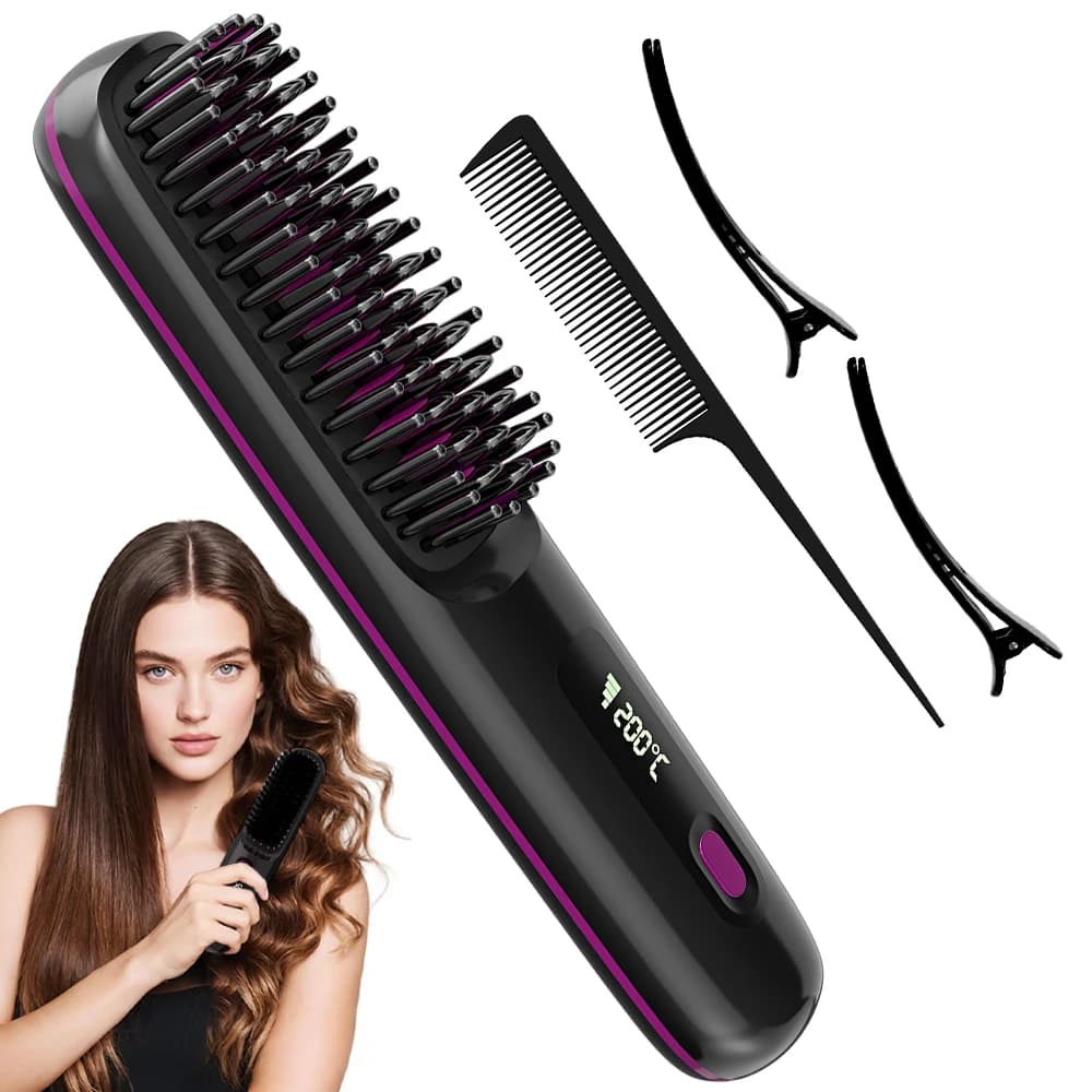 Spazzola Lisciante Portatile, Pettine Ricaricabile per lo Styling dei Capelli con 3 Temperature Regolabili e Riscaldamento Rapido in 20 Secondi