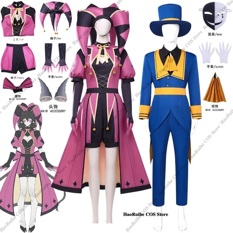 The Freak Circus Ticket Taker Columbina Clown Cosplay Costume Hat Mask Gloves Prop Uniform Hallowen Carnival Play Role Clothing