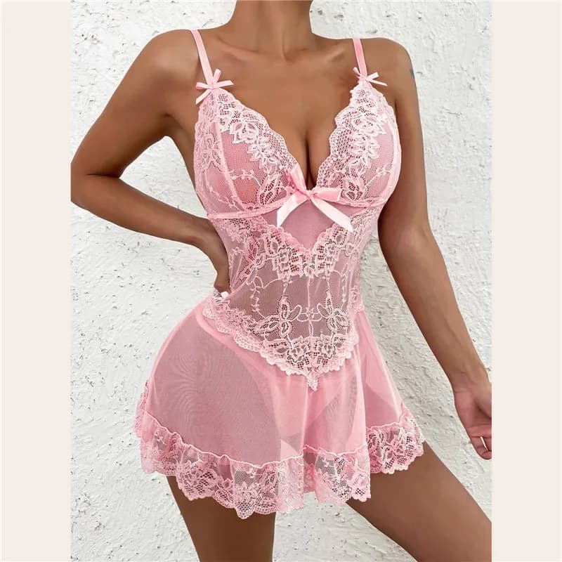 Indumenti da notte sexy Abito da notte a V profondo Camicia da notte da donna Camicia da notte trasparente in pizzo Lingerie Mini abito senza maniche Camicia da notte esotica