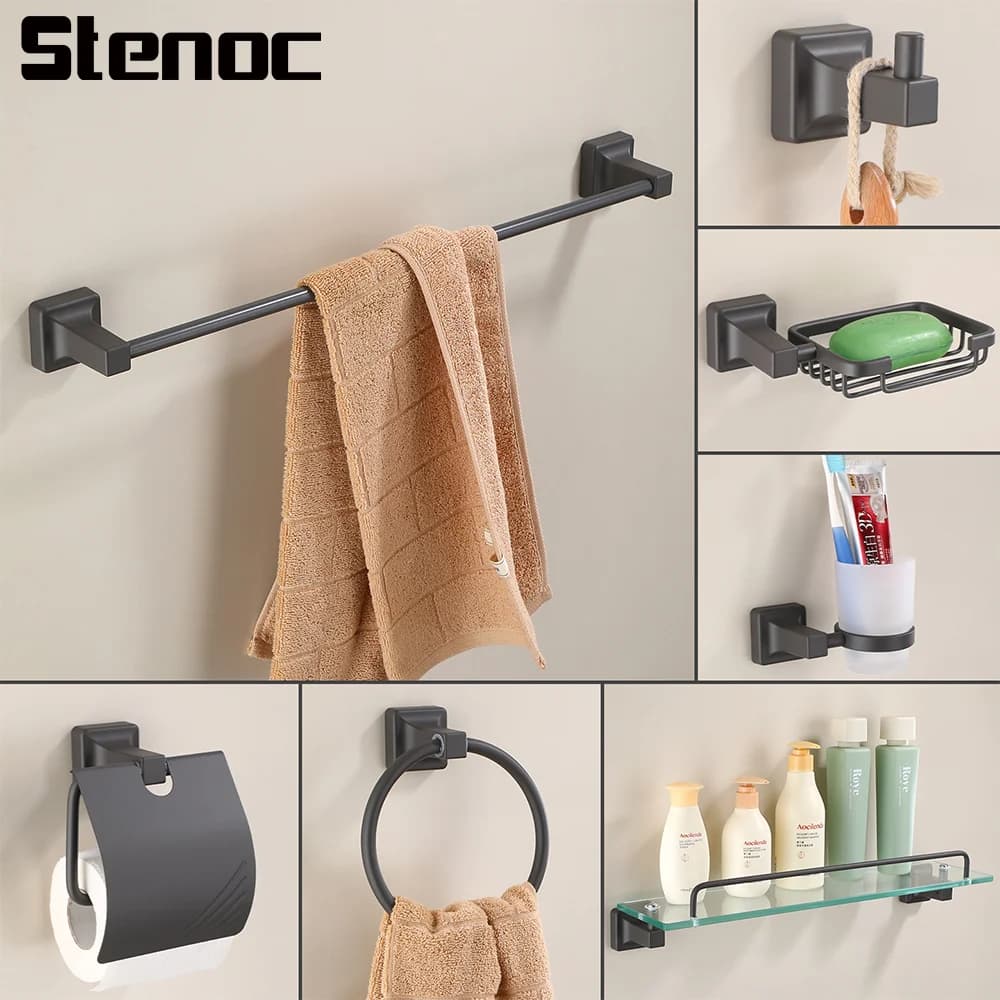 Set of Bathroom Accessories in Aluminium Grey Stenoc: Wall towel rack, Towel rack, Towel ring, Bathrobe towel rack