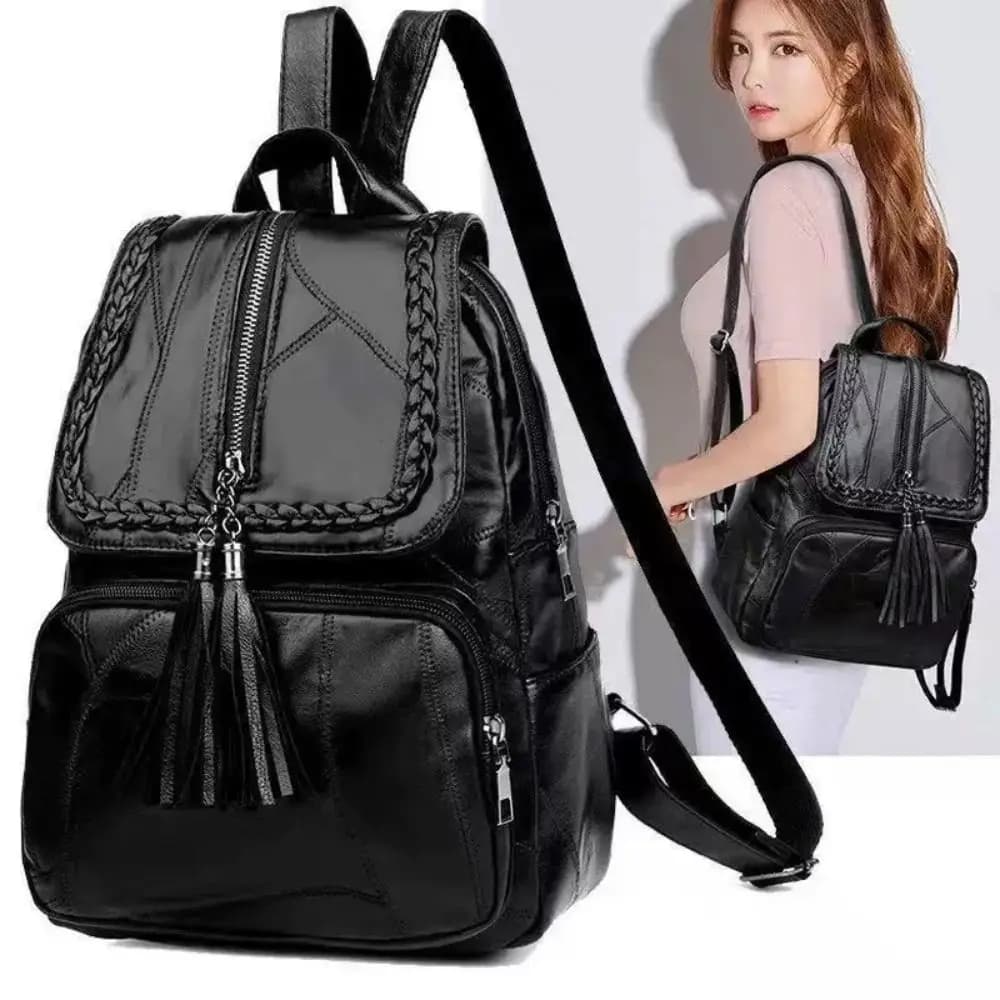 Zaino in Pelle PU Tinta Unita Dolce Stile Coreano Borsa a Tracolla Nera con Nappine Borsa Morbida per Studenti Borsa da Scuola per Esterni