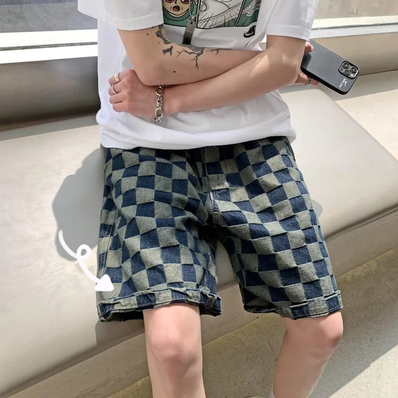 Summer High Street Hong Kong Style INS Retro Plaid Jeans Shorts Men's Trendy Harajuku Loose Five-Quarter Casual Mid-Pants