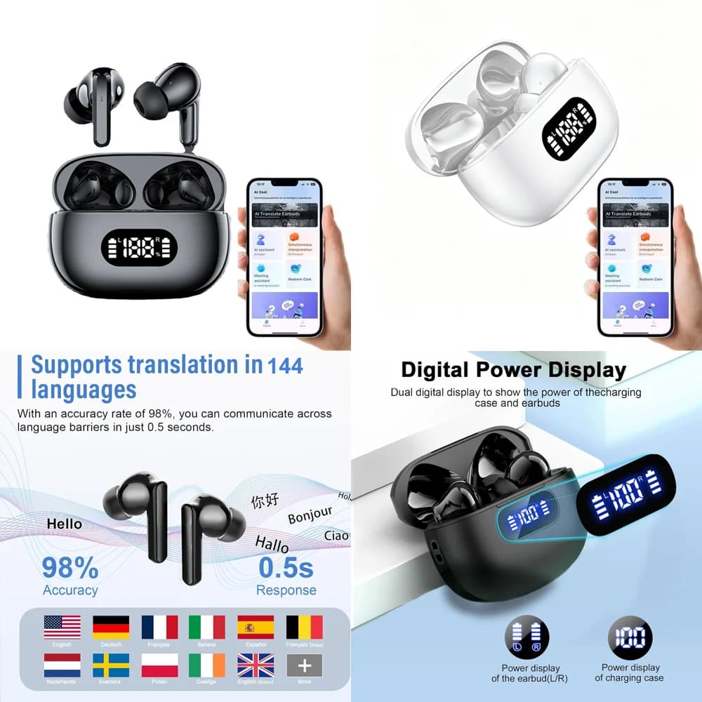 Wireless Earphones Clear Calls BT 5.4 TWS Earphone with 144 AI Languages Real Time Clear Calls Earbuds with LED Display New