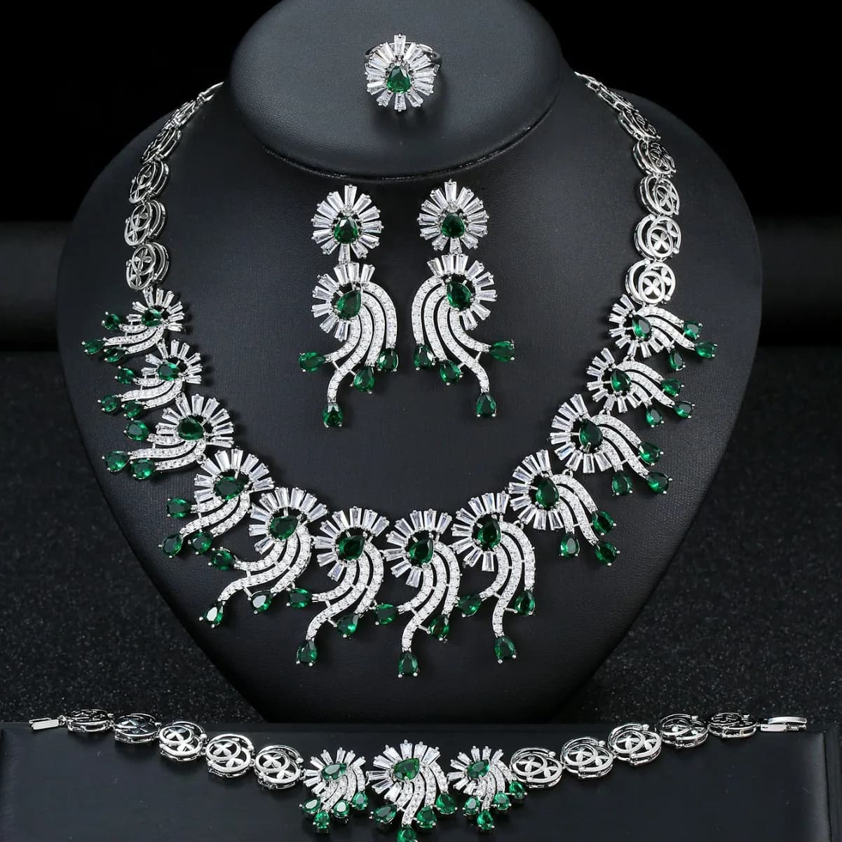 set di gioielli di classe 4 pezzi collana orecchini anello braccialetto zirconi lucidi verde blu gioielli matrimonio cena festa regalo di anniversario