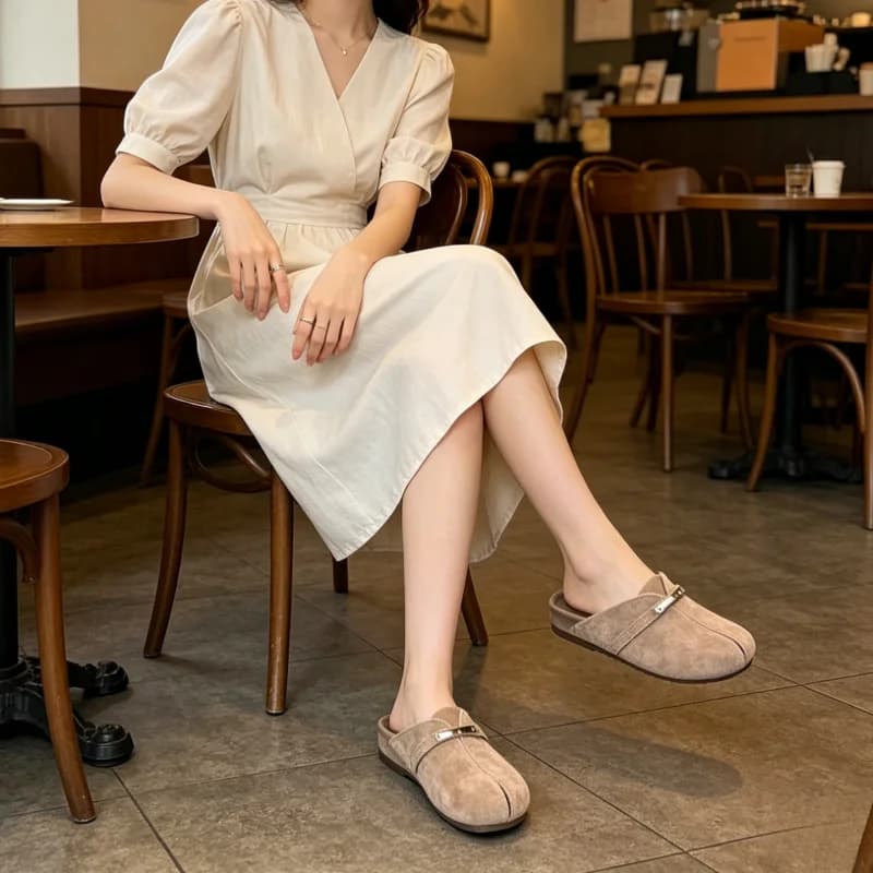 New Vintage Suede Metal Buckle Platform Casual Mule Slippers, Versatile Open Toe Closed Back Outdoor Wear Women Slide Sandals