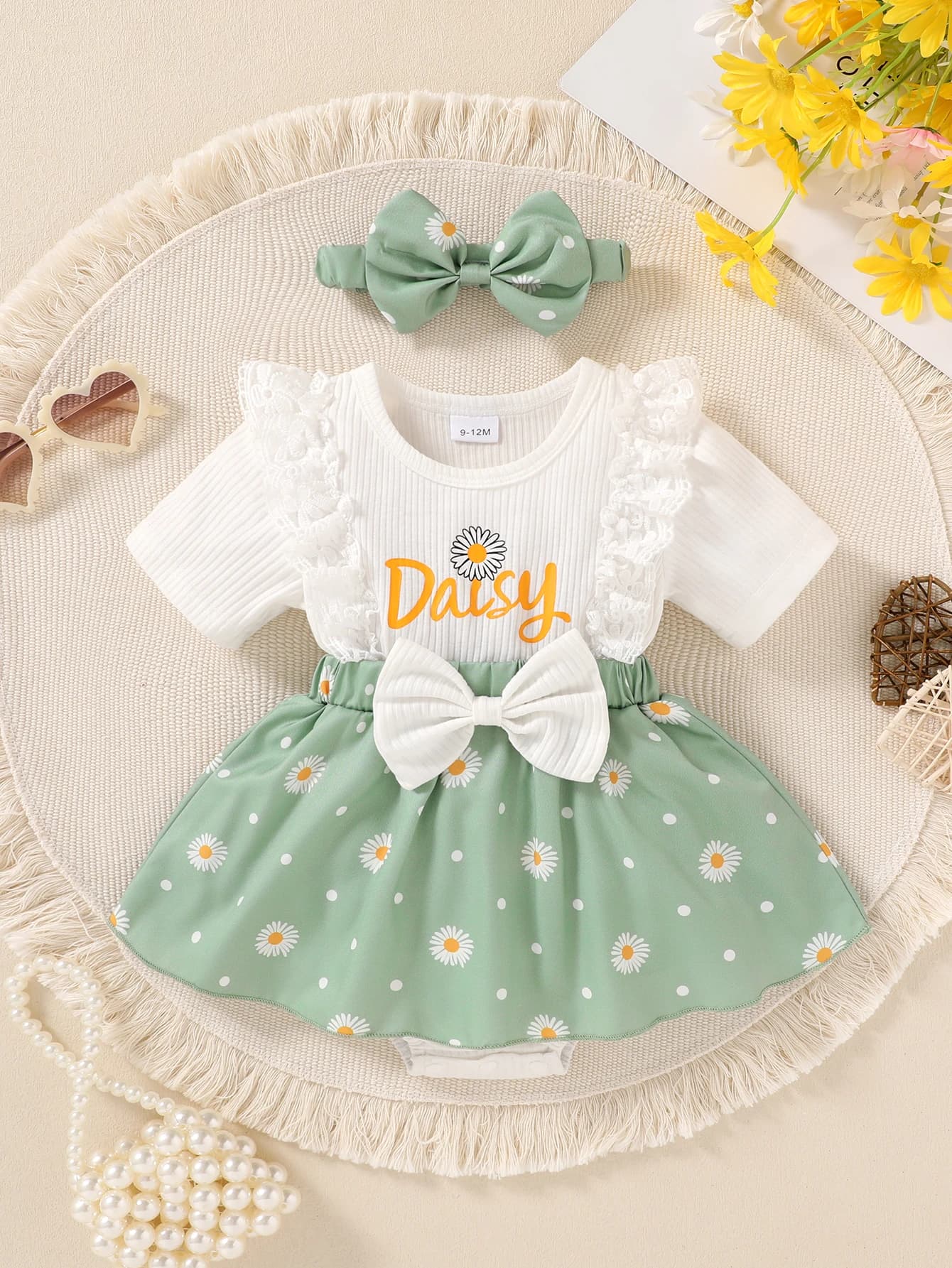 Baby Girl Summer Romper Daisy Print Lace Ruffle Sleeve Bow Bodysuit Toddler Polka Dot Floral Embroidery One Piece Dress Outfit