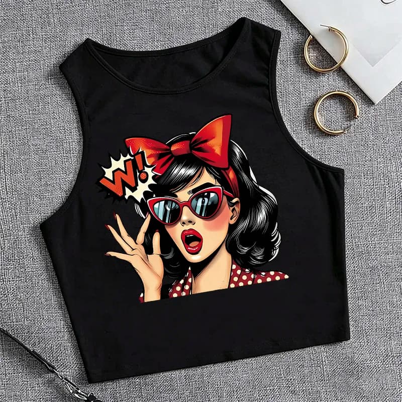 T-shirt Stampata da Donna alla Moda, Top Corto Senza Maniche Stile Anni '90, Gilet Elegante, Maglietta Casual