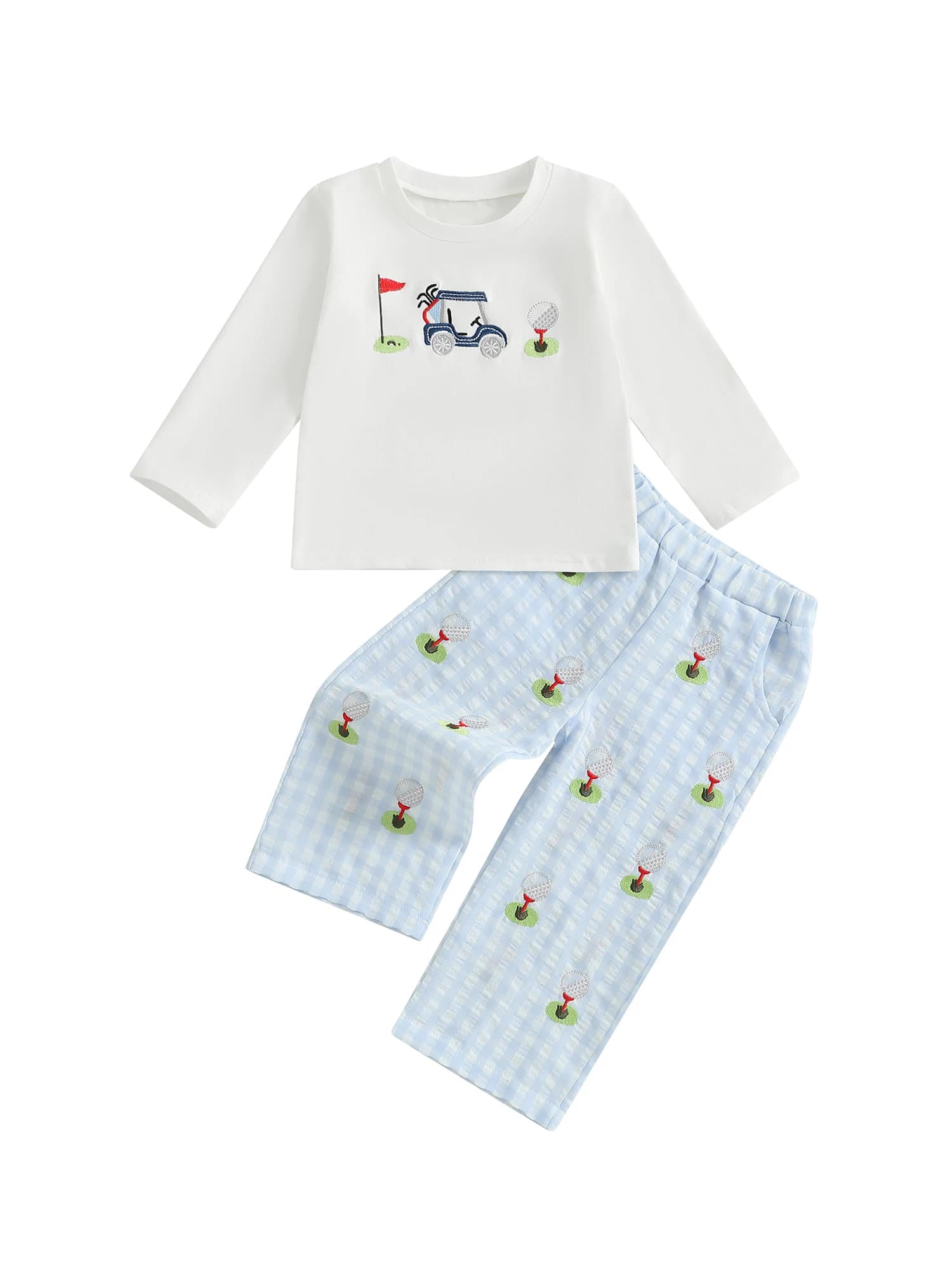 Adorabile completo da golf per bambino, maglietta a maniche lunghe e pantaloni scozzesi con elastico in vita e tasche per l'autunno