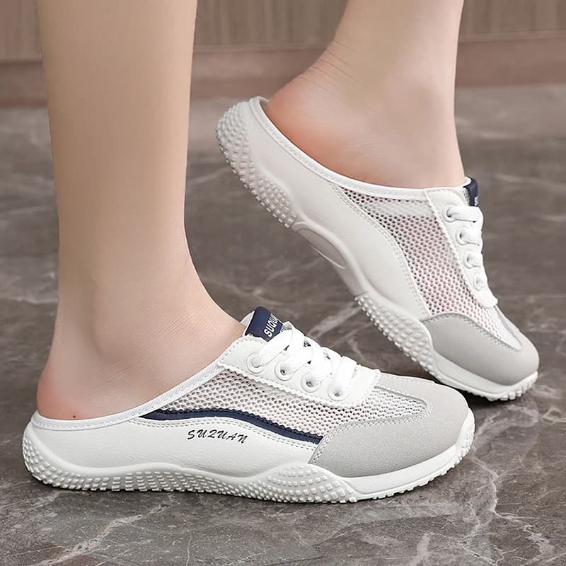 Ciabatte estive da donna, sandali traspiranti a punta chiusa in rete traforata, scarpe casual slip-on per passeggiate quotidiane all'aperto.