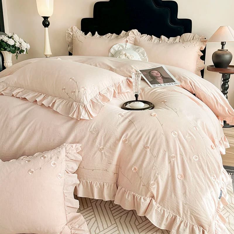 Luxury Bed Linen Set with Floral and Volant Embroidery, 100% Cotton, Cover, Flat Bed Sheet/With Corners, Loyalty, 4 Pieces