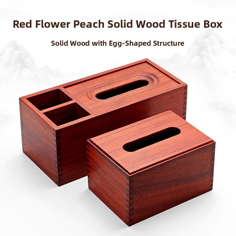 Scatola Portafazzoletti in Legno di Pera con Fiori Rossi in Stile Cinese, Contenitore per Tovaglioli da Tavolo per Soggiorno, Forma Rettangolare in Legno