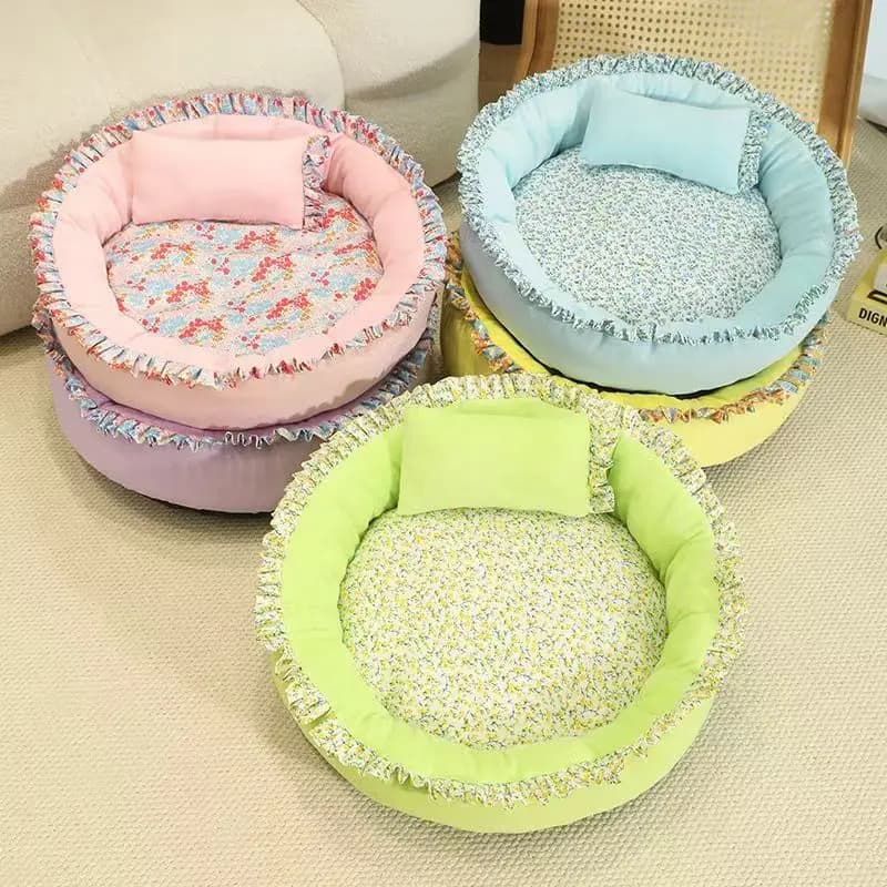 Round Princess Pet Bed with Pillow Soft Floral Donut Cat Bed Anti-Slip Warm Dog Nest for Small Medium Pets