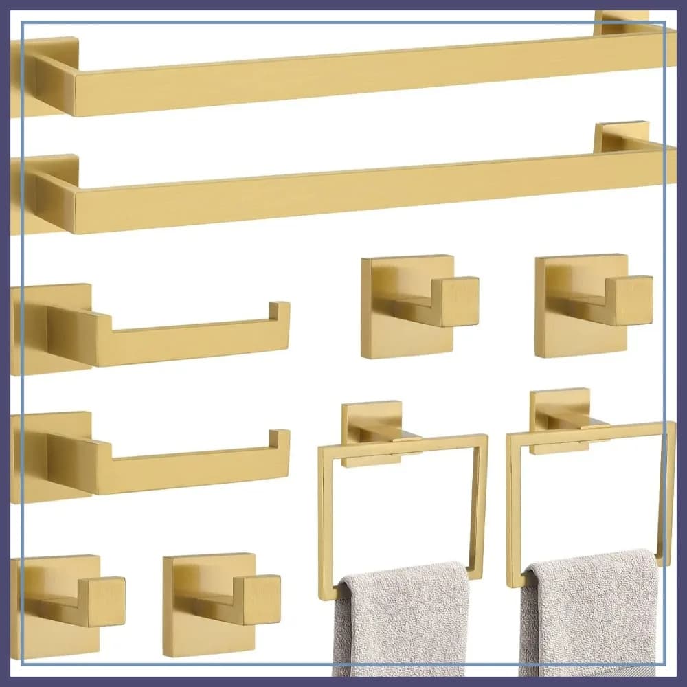 Set di 10 Accessori per Bagno in Acciaio Inox SUS304 Oro Spazzolato, Portasciugamani da Parete 23,6 Pollici