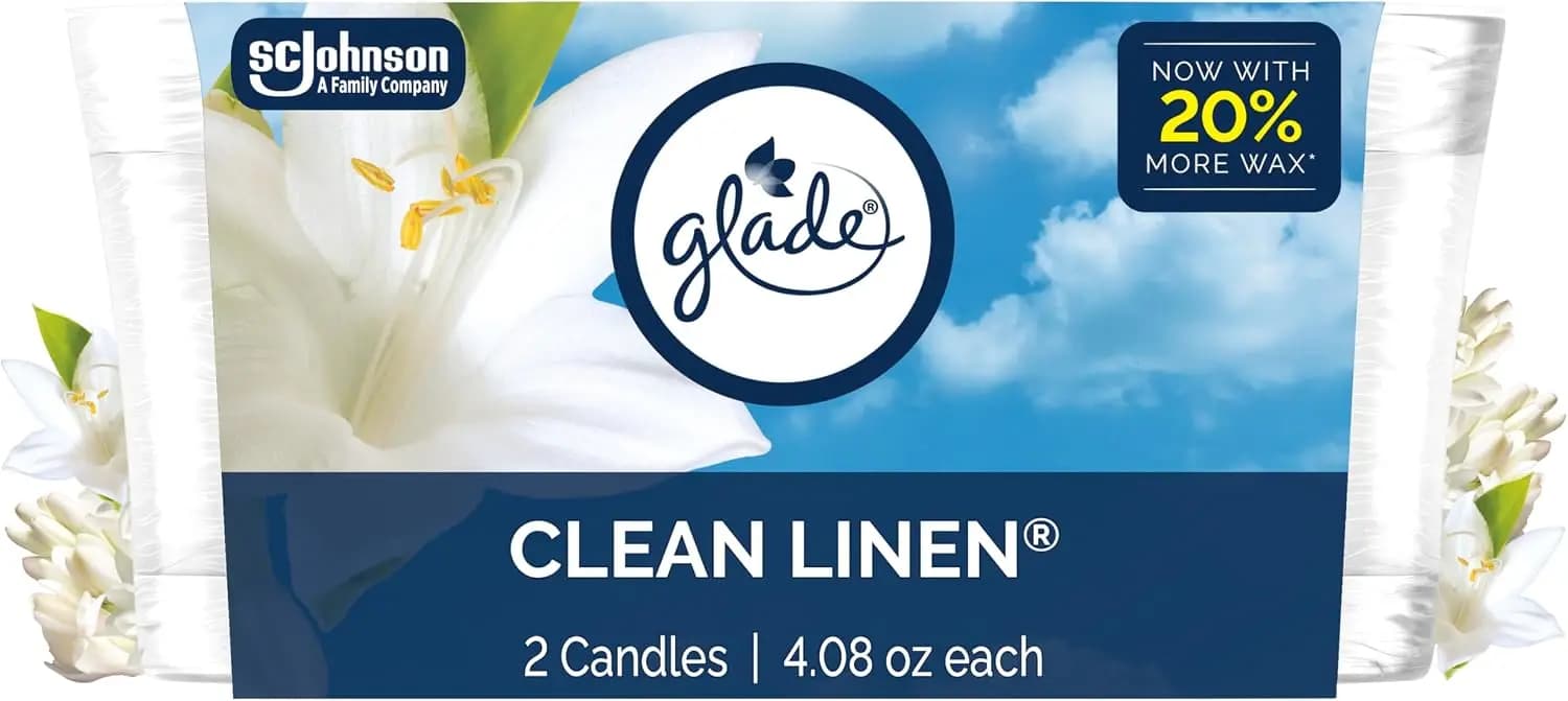 1-Wick Scented Candle Jar, Clean Linen, Air Freshener Infused with Essential Oils, 4.08 Oz, 2 Counts, Dining Table, Bedroom, Living Room Candles, Holiday Party Essentials, Decorative Ornaments